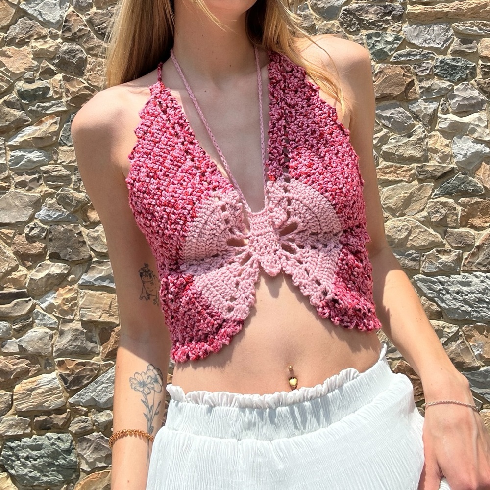 Pink Crochet Butterfly Crop Top